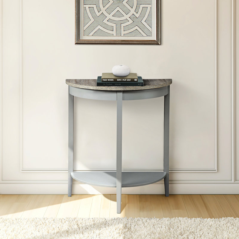 Console grise et chêne, avec rangement demi-lune en chêne naturel et style moderne et fonctionnel
