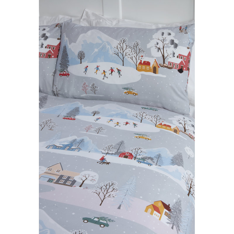 Snowy Scene Festive Dvet Cover Set, Single Duvet Cover + 1 Standard Pillowcase