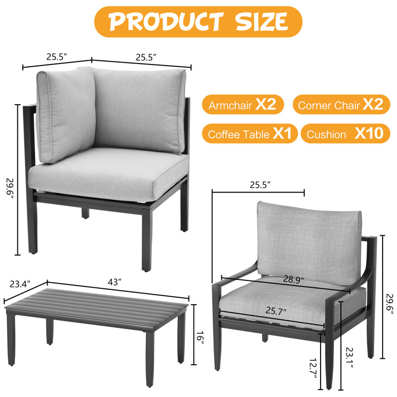 Ensemble de canapé modulaire d'extérieur en aluminium avec coussin, 5 pièces | Ensemble de conversation modulaire à assise tous temps pour piscine, cadre avec coussin