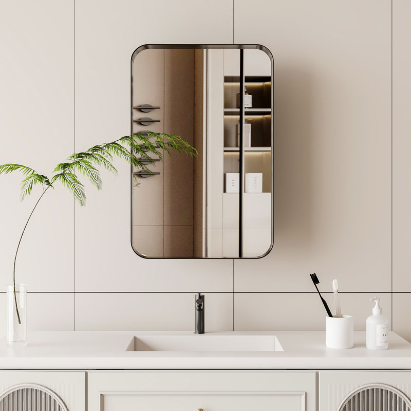 Armoire à miroir encastrée en métal noir 16 po x 24 po pour la salle de bain - tablettes réglables, intérieur élégant