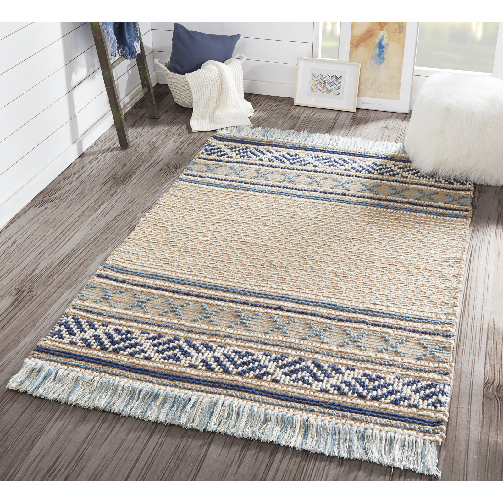 Alberta Beige Blue Hand-Woven Geometric Jute Rug, Rectangle 6' x 9'