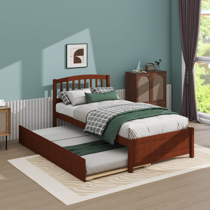Structure de lit plateforme simple en bois avec lit gigogne, Noyer