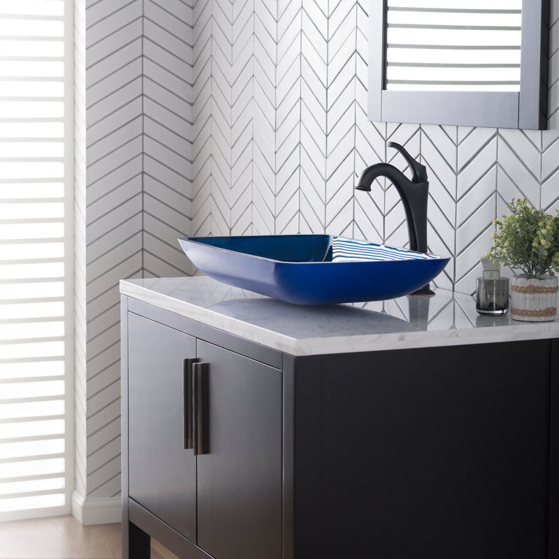 Glass Rectangular Vessel Bathroom Sink with Faucet, Oil Rubbed Bronze, Blue