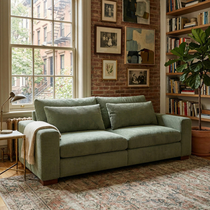 Kitson 89'' Recessed Arms Modular Sofa, Green Corduroy
