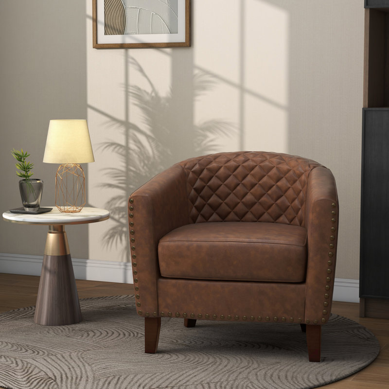 Edvardas 73.9 Cm Wide Tufted Barrel Chair, Brown Faux Leather