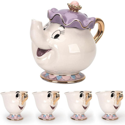 Beauty And The Beast Mrs Potts And Chip Ceramic Teapot And Mug Set, 500Ml Teapot With 4 Chip Mugs, Tea Party Gift Set For Birthday, Christmas, And Disney Fans