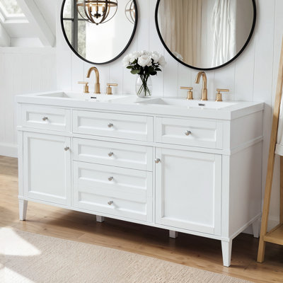 Meuble-lavabo traditionnel Kensington de 150 cm (59,1 po) avec double lavabo en résine, tiroirs, portes, étagères réglables et quincaillerie à fermeture amortie pour une salle de bain relaxante.