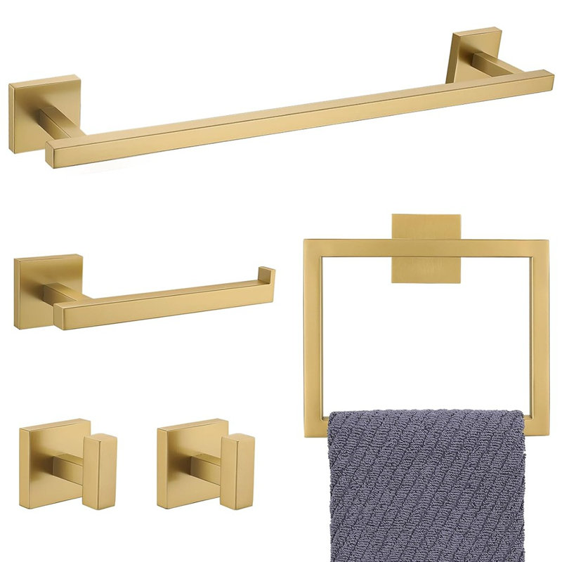 5-Piece Brushed Gold Bathroom Hardware Set, Wall-Mounted Towel Bar & Accessories