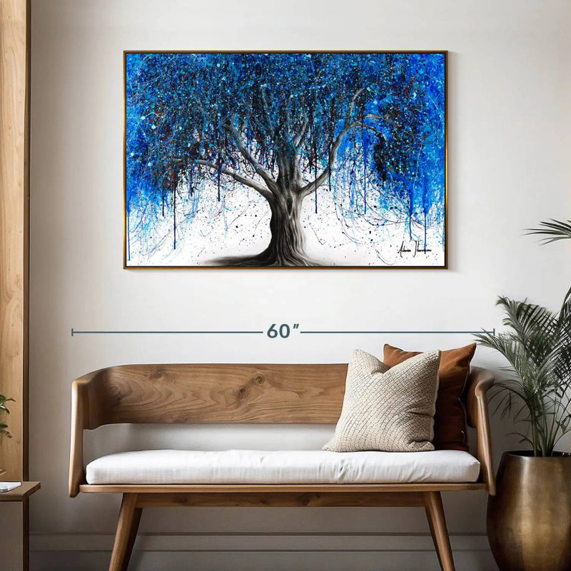 Arbre bleu au clair de lune, 46 po x 31 po, Cadre flottant doré