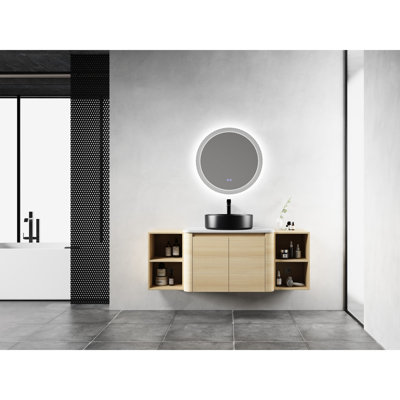 Meuble-lavabo de 54 po avec lavabo d'art en céramique, 2 tablettes de rangement, portes à fermeture en douceur, dalle de pierre blanche en contreplaqué, surface lisse, bords arrondis, utilisation silencieuse,