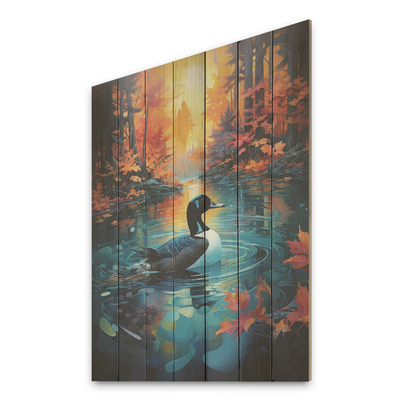 Autumn Duck Stream Sunset - Animal canard sur bois, H 44 po x l 34 po