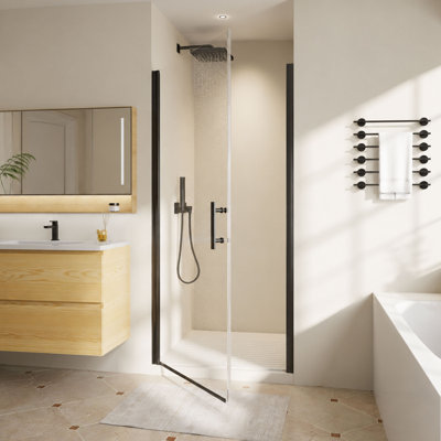 Porte de douche pivotante l 34-35,4 "x H 72" avec verre trempé 1/4 "6mm, noir mat