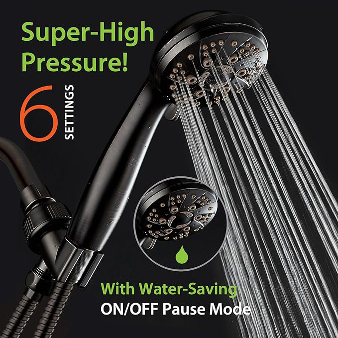 High Pressure 6-Setting 3.5" Chrome Face Handheld Shower with Hose for the Ultimate Shower Experience!