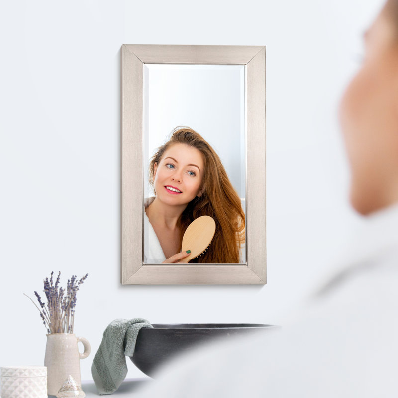Brushed Nickel Polystyrene Rectangular Framed Beveled Mirror, 31.50" x 20.25"