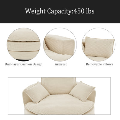 Fauteuil demi-tonneau pivotant à 360 ° avec fauteuil à demi-tonneau pivotant de 57,5 po avec coussins doubles et 3 coussins amovibles pour le salon, la chambre à coucher, le bureau et l'hôtel