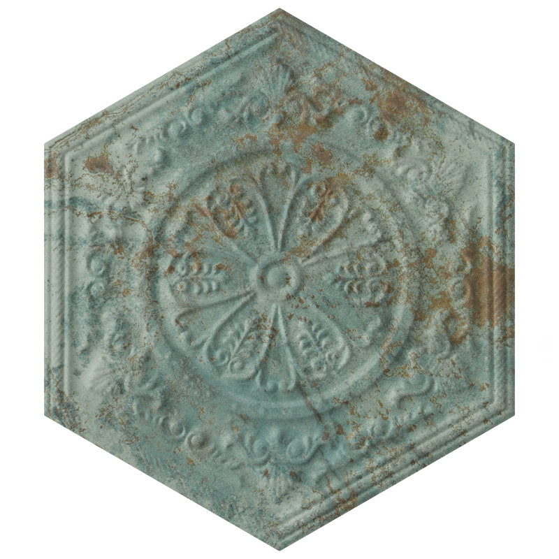 Carreau de mur et plancher aspect métal en porcelaine 10 po x 12 po Zinc Hex, Décor vert