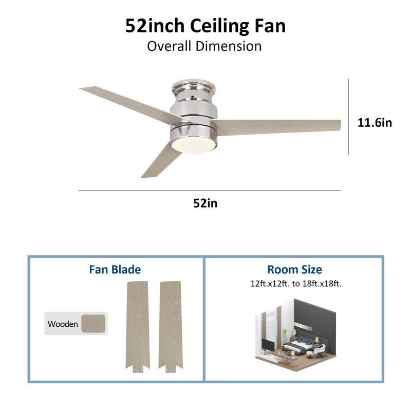 Ventilateur de plafond encastré intelligent à 3 pales 52 po avec télécommande murale et ensemble d'éclairage inclus Gearldean