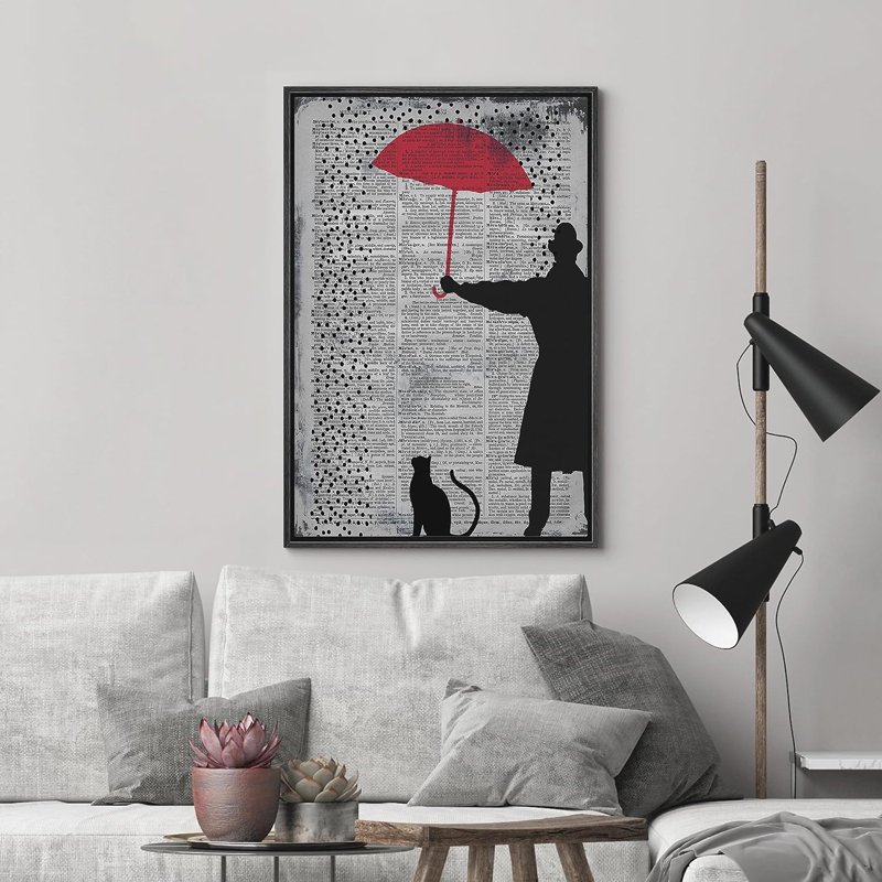 Pop Urban Street " Newspaper Umbrella Cat ", 24" H x 16" W x 1.5" D, Black Floater Framed