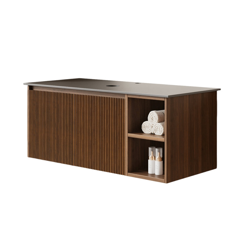 Base de meuble-lavabo flottant moderne de 36 pouces avec comptoir en pierre frittée, armoire en bois massif et manufacturé avec rangement ouvert et ensemble de bonde