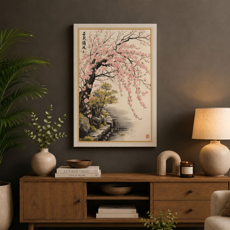 Blossoms Over Mist Japandi - Wrapped Canvas, 24x16 - 61.0 x 40.6 cm, Taupe Border