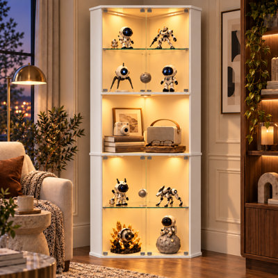 71.6" Corner Display Cabinet With LED Lights, 6-Tier Tall Curio Cabinet With Adjustable Glass Shelves&Glass Door, Wine Cabinet For Living Room, Home Bar (White)