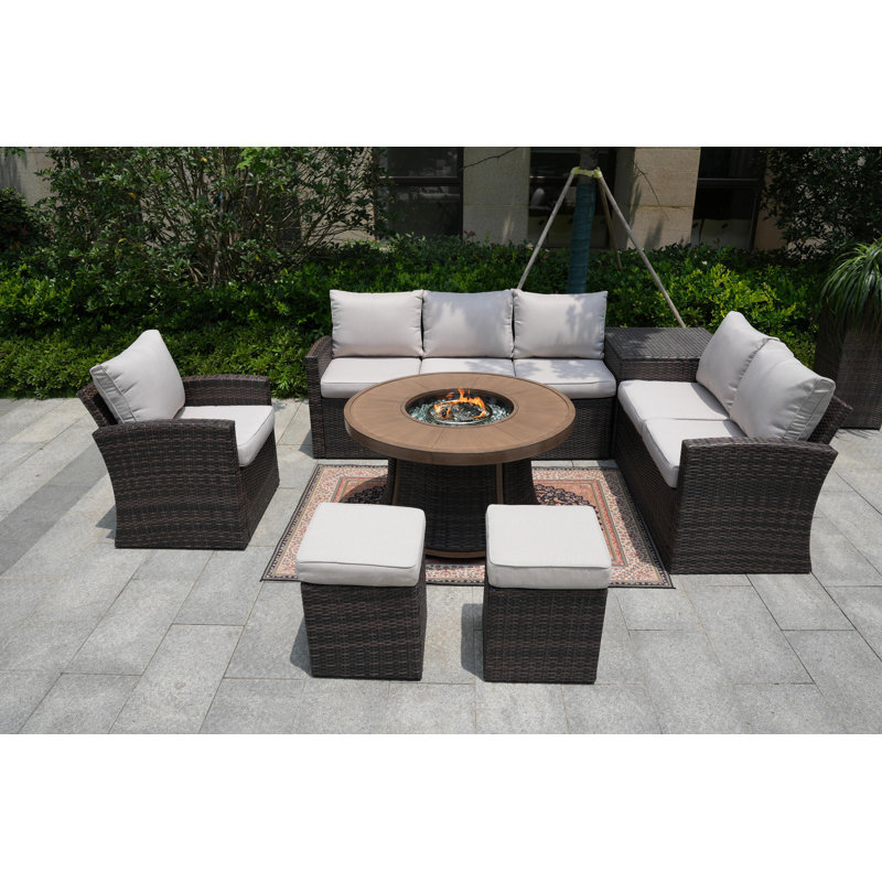 Alfonso 8 - Person Patio Conversation Set with Cushions, White, Brown