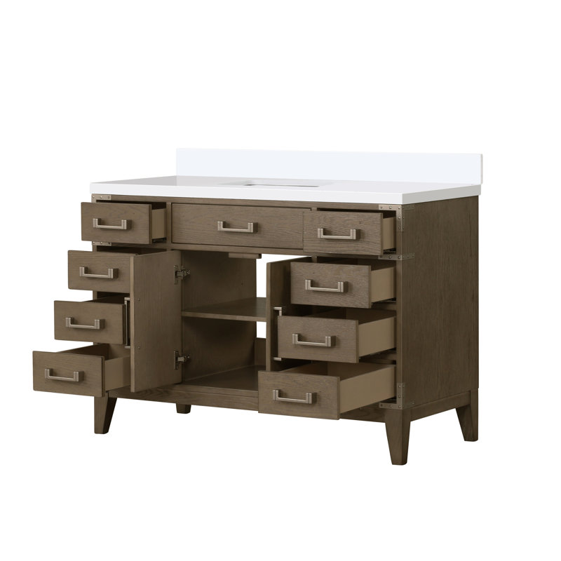 White Oak Single Bath Vanity 48 In. W X 22 In. D, With White Quartz Top, White Oak