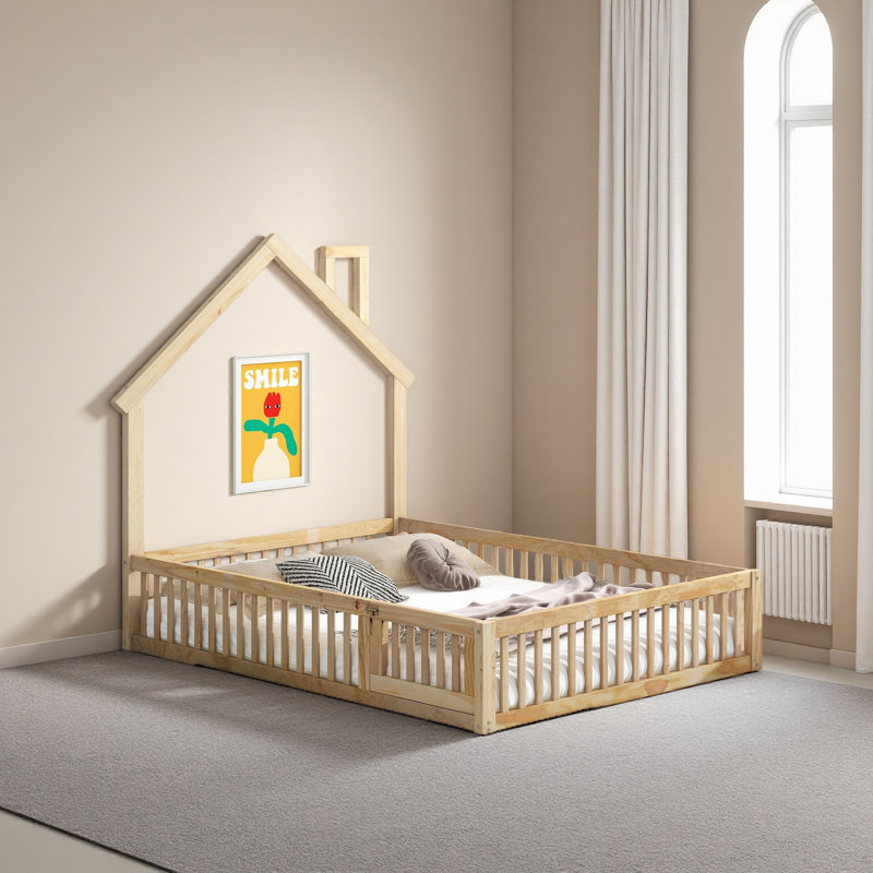 Wood Full Size House Platform Bed With Guardrail, Natural