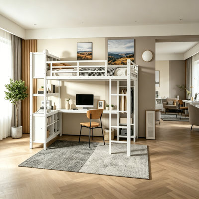 Grand lit mezzanine avec bureau en forme de L, lit mezzanine en métal avec garde-robe et tablettes de rangement, cadre de lit mezzanine lourd pour enfants, adolescents et adultes, idéal pour les petites chambres, les dortoirs et les appartements, conception sans bruit, économie d'espace, blanc.