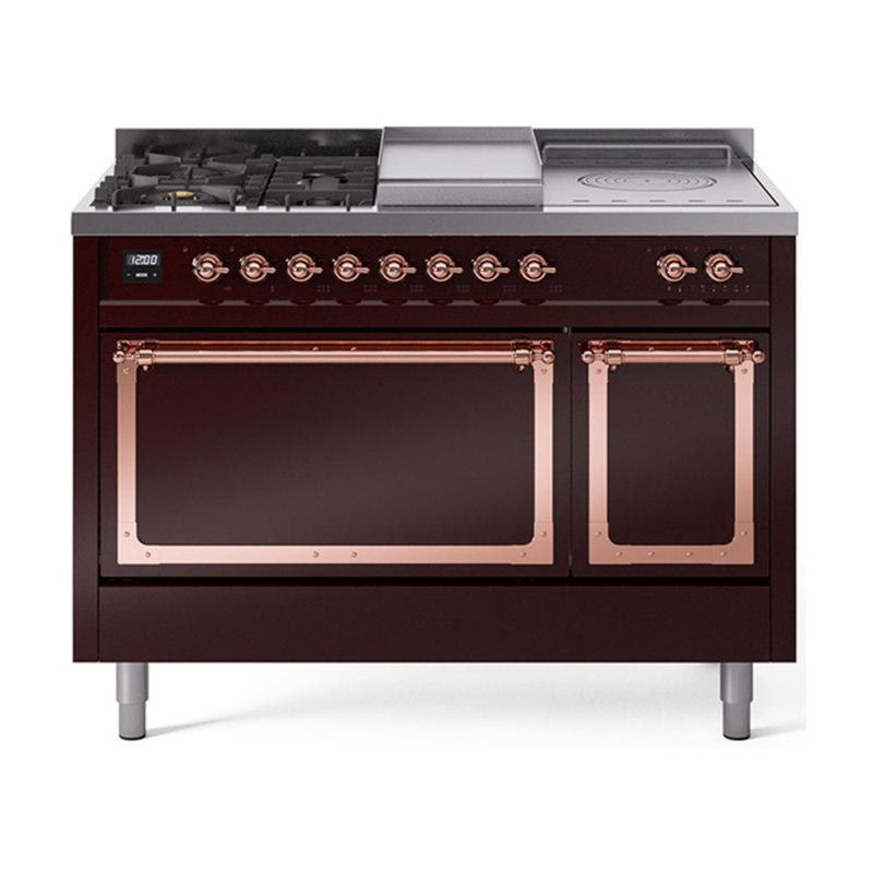 Cuisinière à double combustible ILVE Nostalgie II Series 48 po avec 5 brûleurs scellés, plaque de cuisson et table française (propane liquide, porte pleine)