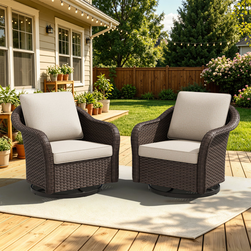 Chaises pivotantes à 360°, ensemble de patio extérieur en résine tressée PE avec coussins beiges de 10 cm (ensemble de 2)