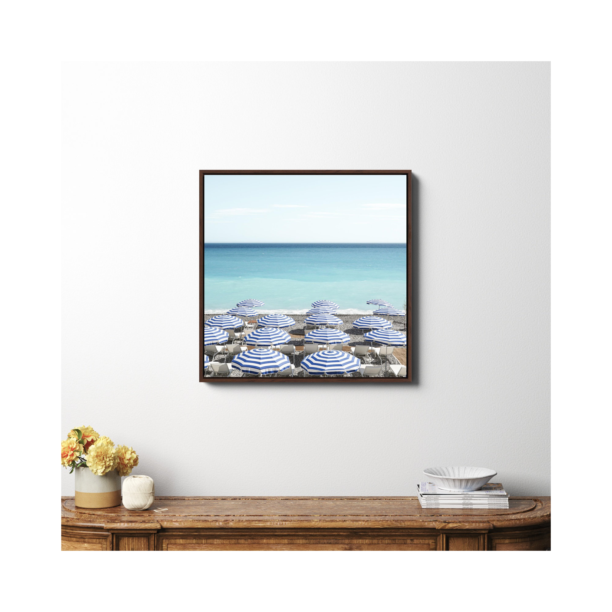 Blue Beach Umbrellas Photo by Henrike Schenk, Espresso Framed Canvas, 30" H x 30" W x 2" D, No