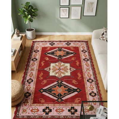 Red Beige Silk & Wool Handmade Oriental Hand Knotted Rectangle Indoor Area Rug