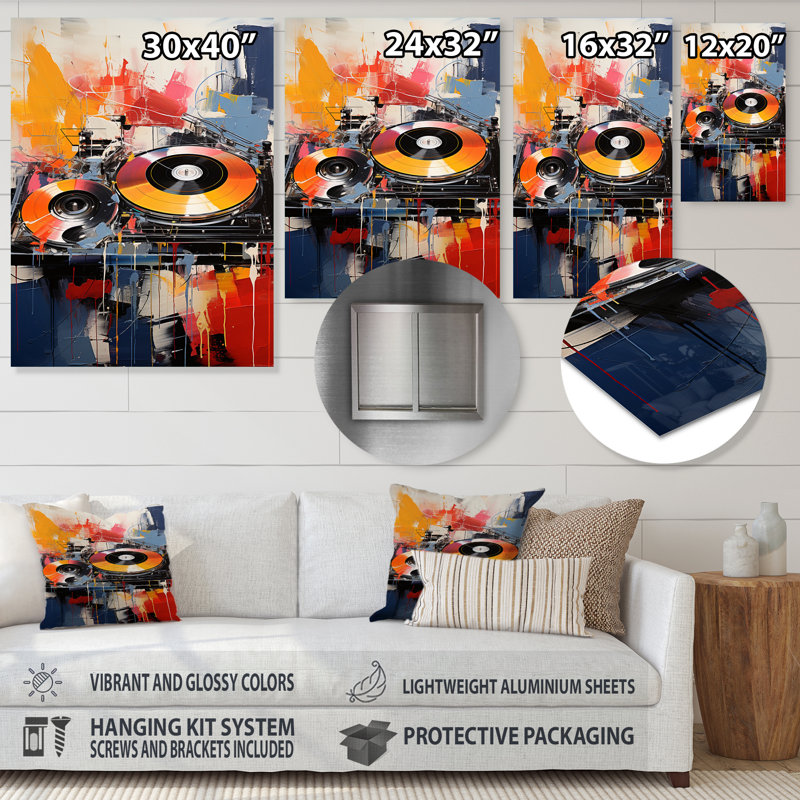 Pop Art DJ Turntables II - Art mural en métal, H 20 po x l 12 po x P 1 po