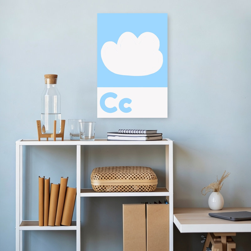 Affiche murale abstraite contemporaine représentant un ciel nuageux et un paysage naturel, avec alphabet et alphabet