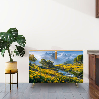 Sideboard Buffet Cabinet with Storage Majestic Mountain Landscape Snow Capped Peaks Yellow Wildflowers with 2 Doors for Living Room and Kitchen