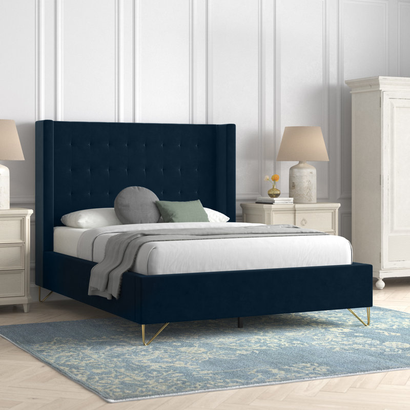 Upholstered Platform Bed, Queen, Midnight Blue