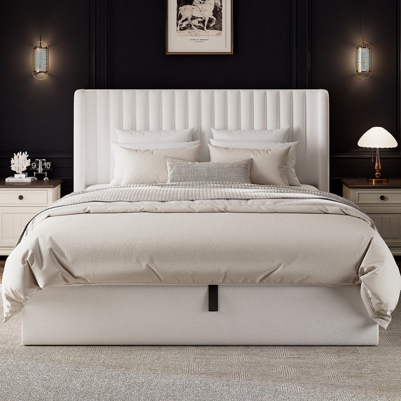 Lift Up Storage Bed With Wingback Headboard, Upholstered Platform Bed Frame With Hydraulic Storage, Linen Fabric, No Box Spring Needed