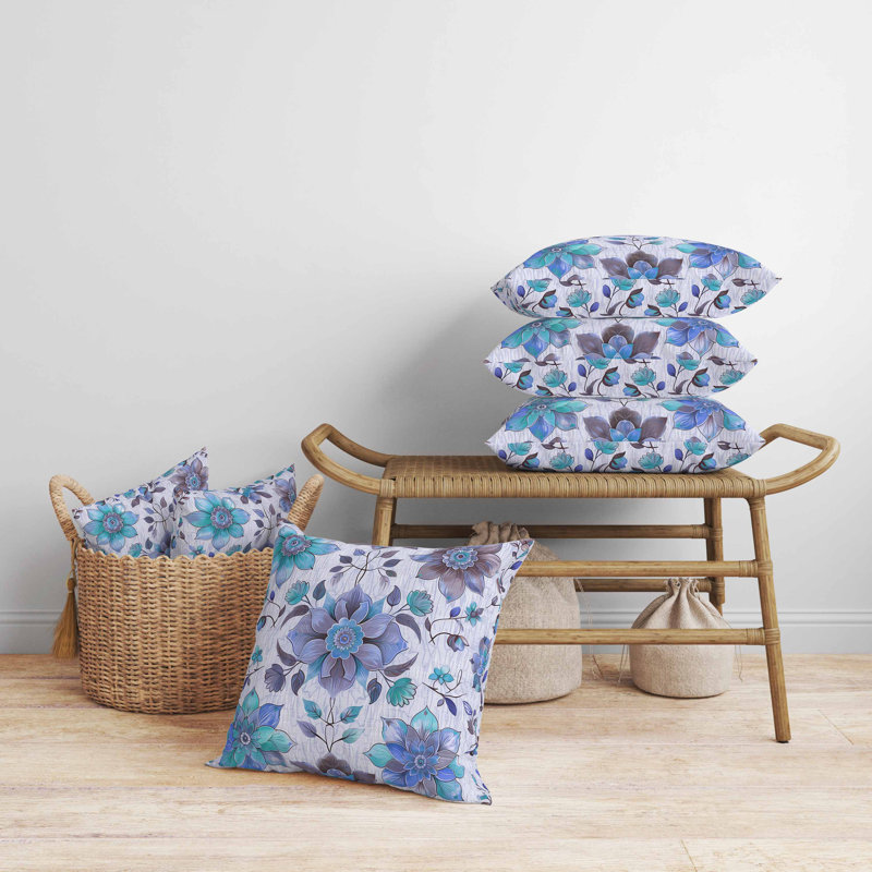 Oreiller rétro en faux suède à motif floral, Carré 20 po, Bleu