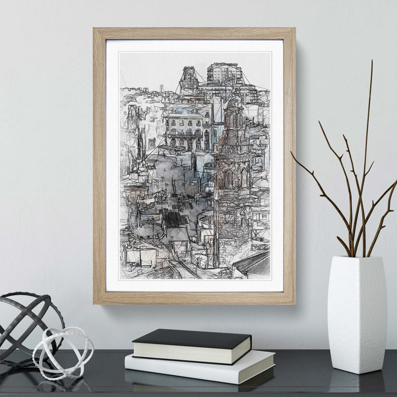 Valencia Skyline in Spain in Abstract - Picture Frame Graphic Art Print, 76cm H x 50cm W x 2cm D, Oak