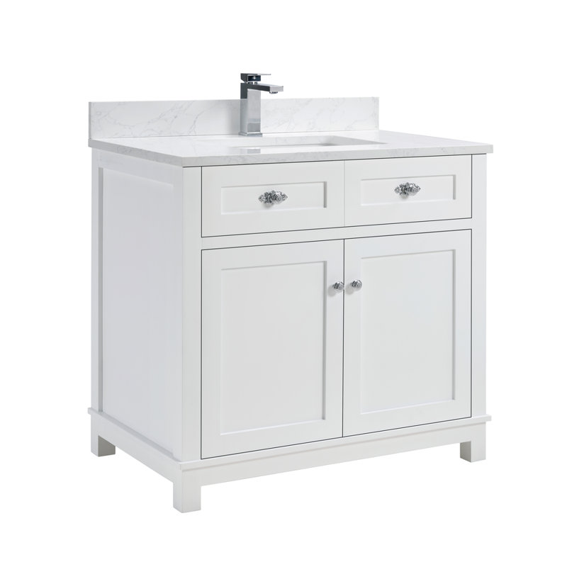 36" Solid Wood Sink Vanity With 1' Artificial Stone Top, Polished Chrome, White