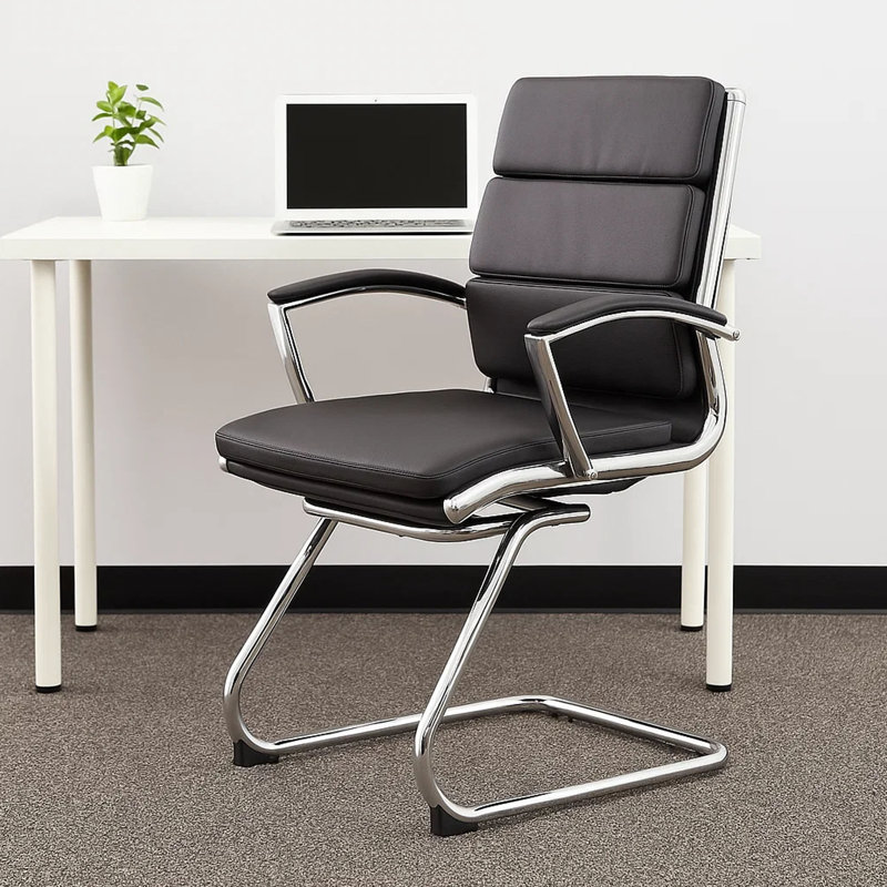 Fauteuil d'invité de direction Kim avec base en porte-à-faux en métal chromé, vinyle noir