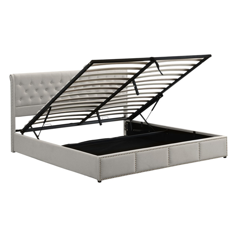 Caddo Velvet Upholstered Bed With Hydraulic Lever, Functional Storage Bed, Rivet Decoration, Double (4'6), Light Grey Linen