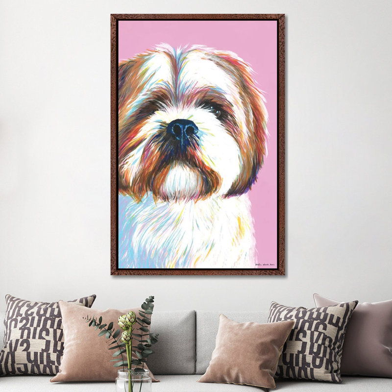 Shih Tzu On Pink by Kirstin Wood - Painting on Canvas, Classic Brown Wood Framed, 152.5 cm H x 101.5 cm W