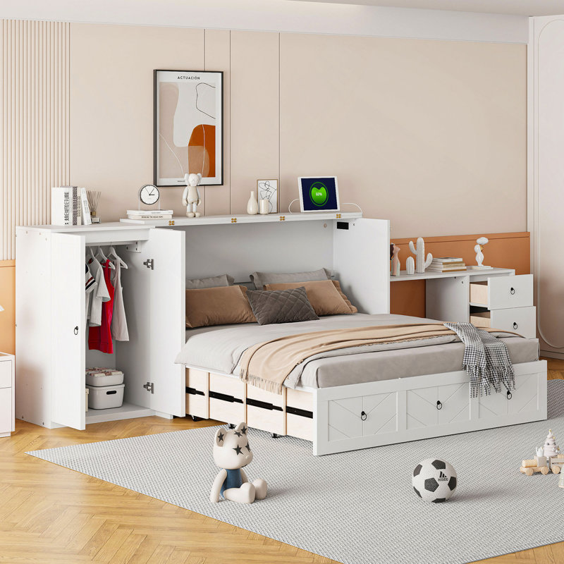 Lit, lit escamotable avec port USB, grand tiroir et armoire / bureau combiné, armoire-lit blanche polyvalente