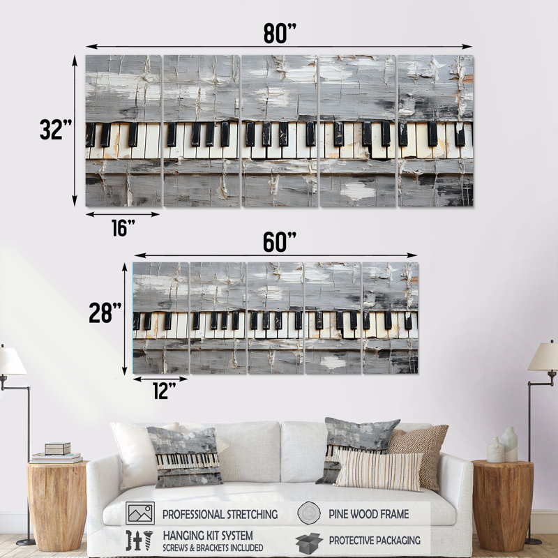 Minimalisme, touches de piano grises et blanches, H 28 po x l 60 po