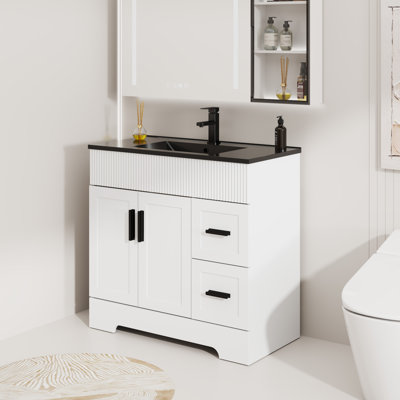 Meuble-lavabo simple 36 po avec lavabo noir, robinet et drain, peint à la main