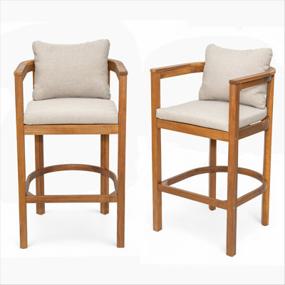 Tabouret de bar d'extérieur Abaco, bois avec coussin, ensemble de 2
