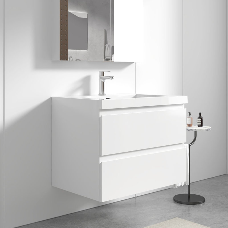  Angela 30 inch Fully Assembled Single Floating Bathroom Vanity with Solid Surface Sink, White