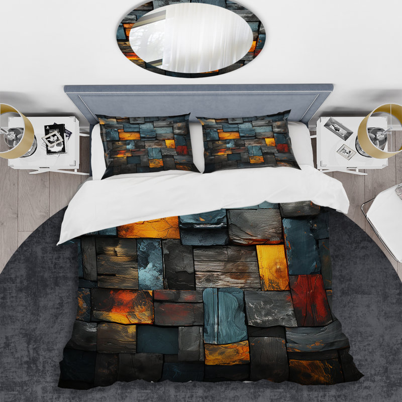 Ensemble de housse de couette à motif de tuiles abstraites Grunge, Housse de couette simple + 1 taie décorative stan